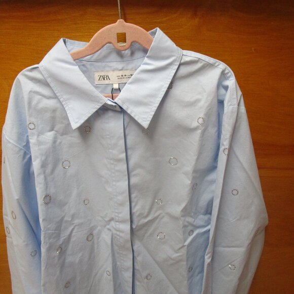 Zara Girls light Blue RHINESTONE SHIRT New 13-14 - Picture 10 of 17
